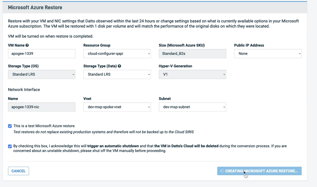 Restoring an Instant Virtualization to Microsoft Azure