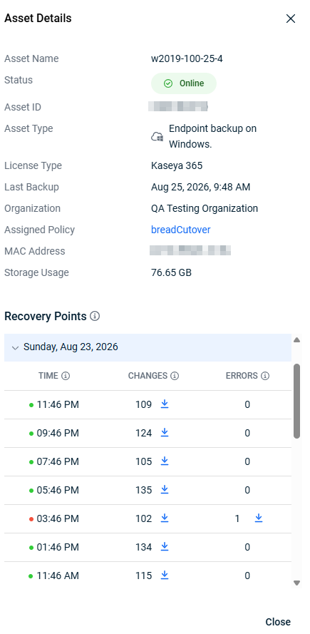 Screenshot of the Asset Details panel showing asset information and recovery points