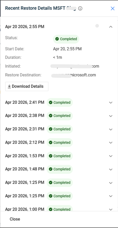 screenshot of Entra ID restore details view